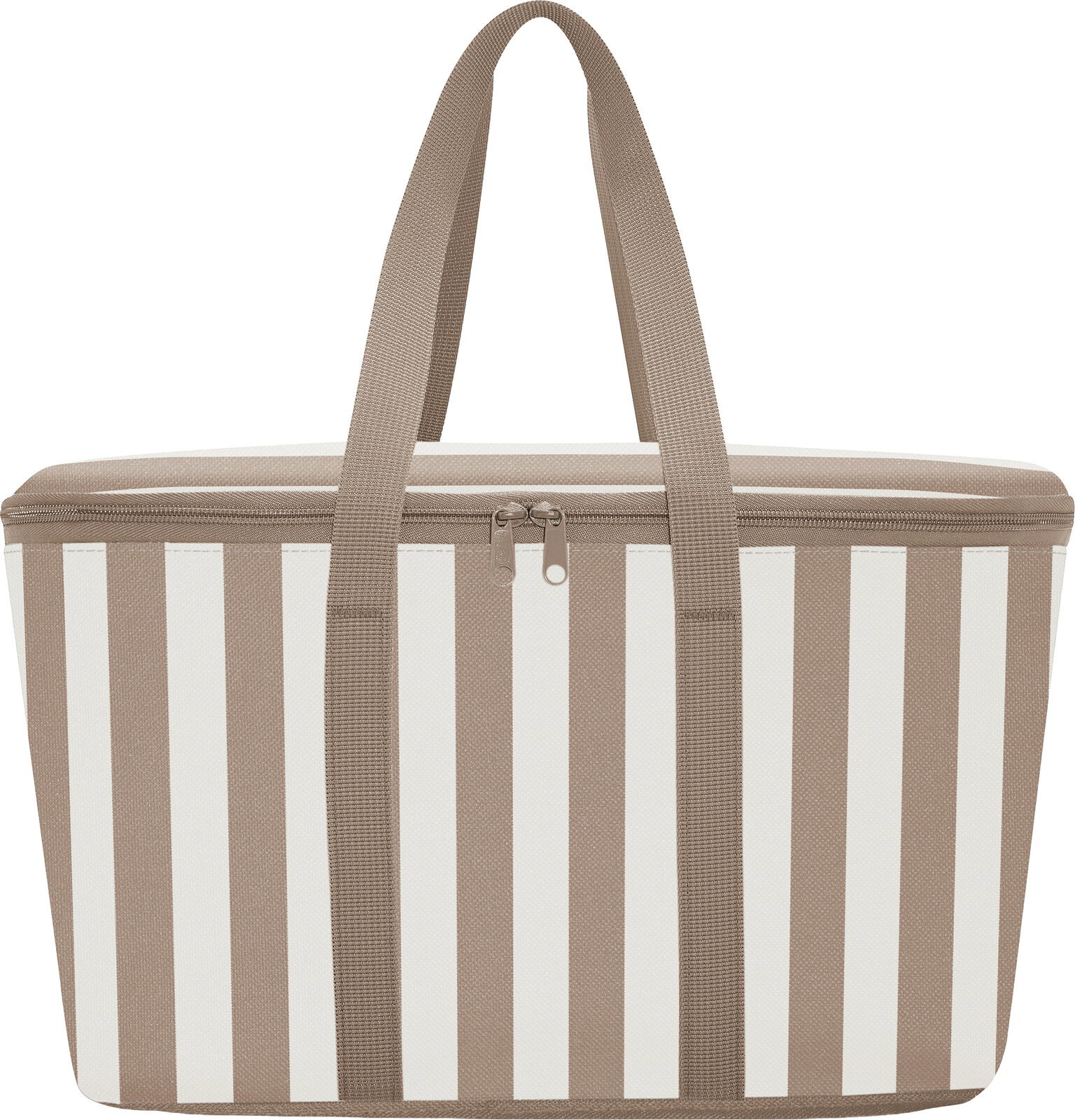 Beige-weiß gestreifte Kühltasche mit Reißverschluss und zwei Tragehenkeln, Produktansicht von vorne auf weißem Hintergrund