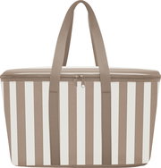Beige-weiß gestreifte Kühltasche mit Reißverschluss und zwei Tragehenkeln, Produktansicht von vorne auf weißem Hintergrund