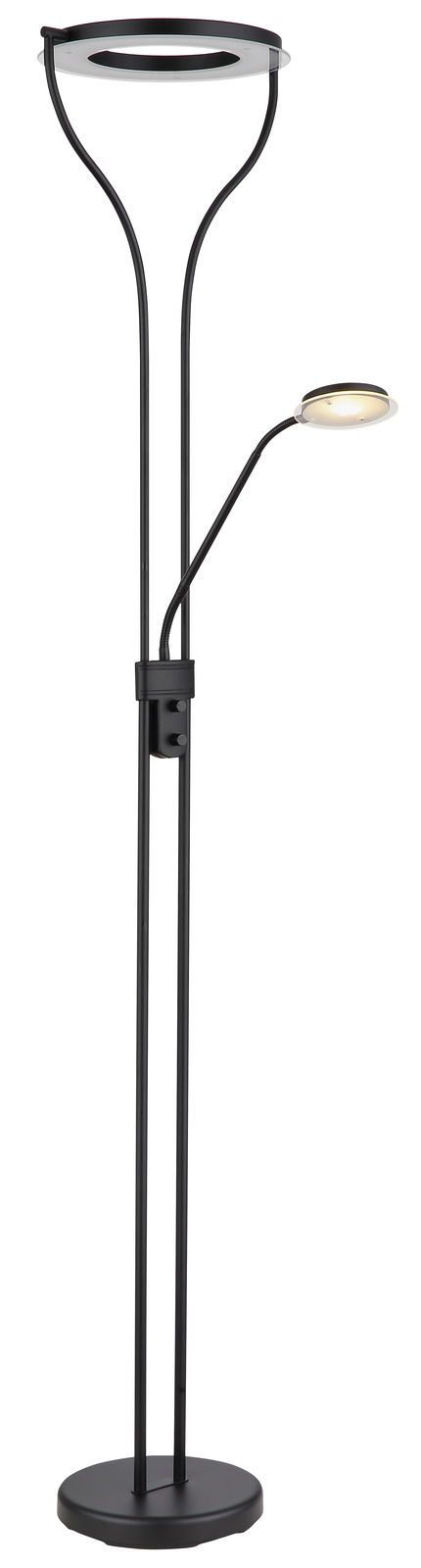 Moderner Deckenfluter Globo Lighting EBRO in schwarzem Design mit zusätzlichem Leselicht, Frontalansicht