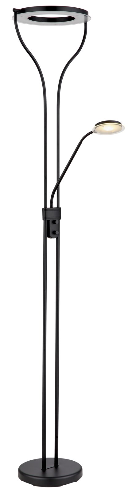 Moderner Deckenfluter Globo Lighting EBRO in schwarzem Design mit zusätzlichem Leselicht, Frontalansicht