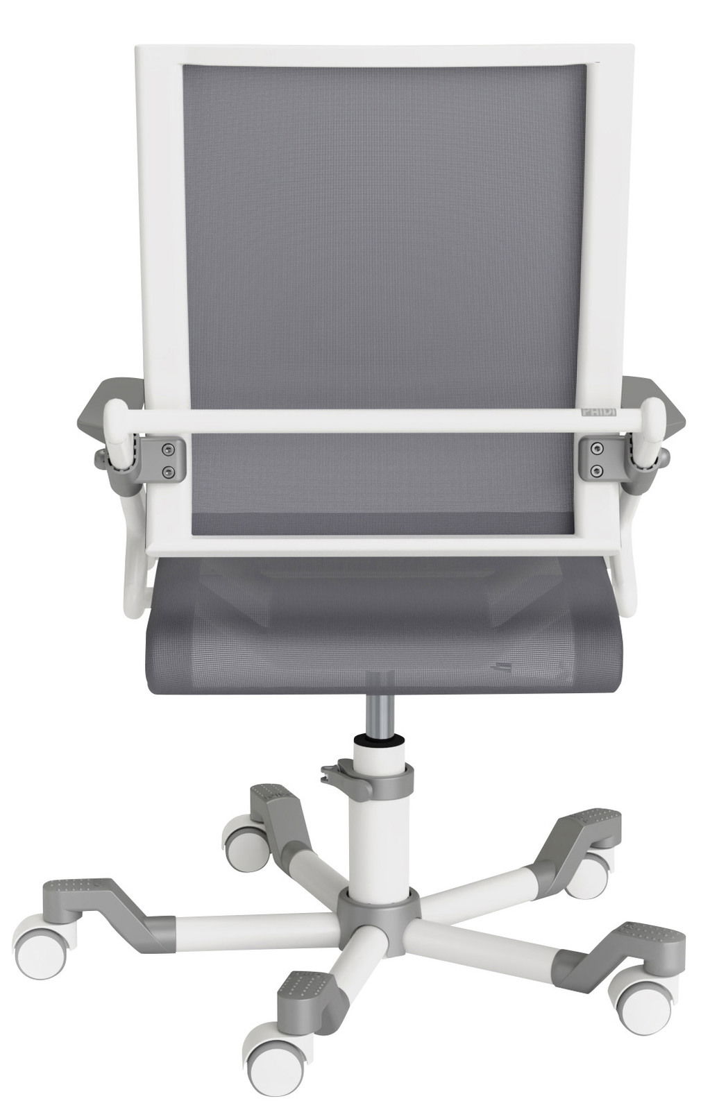 Rückansicht eines modernen Bürostuhls mit grauem Netzrücken und weißen Armlehnen, auf Rollen.