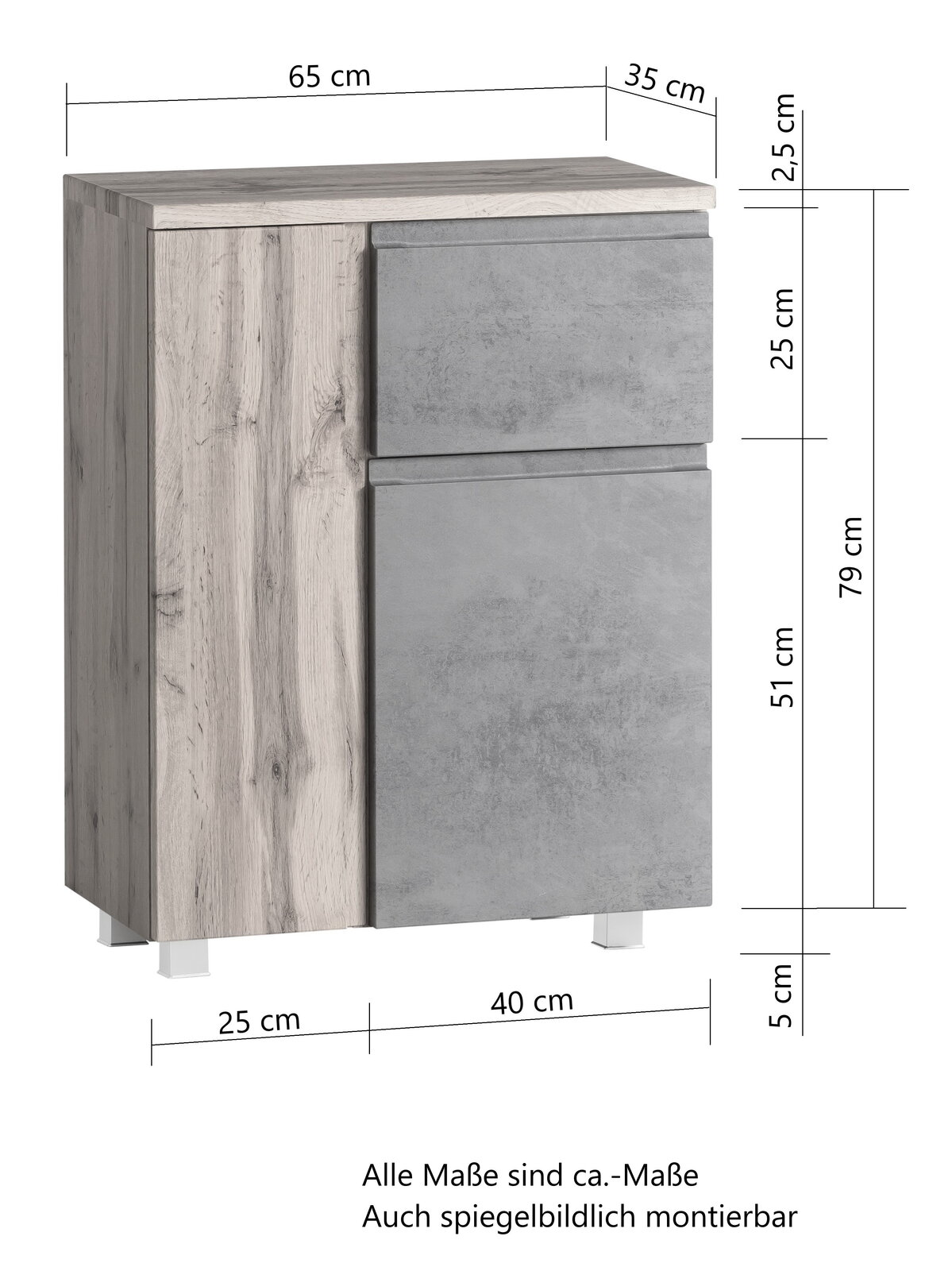 Unterschrank 65 cm in Holzoptik mit grauer Front, Ansicht von vorne