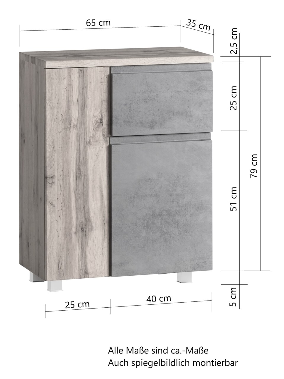 Unterschrank 65 cm in Holzoptik mit grauer Front, Ansicht von vorne