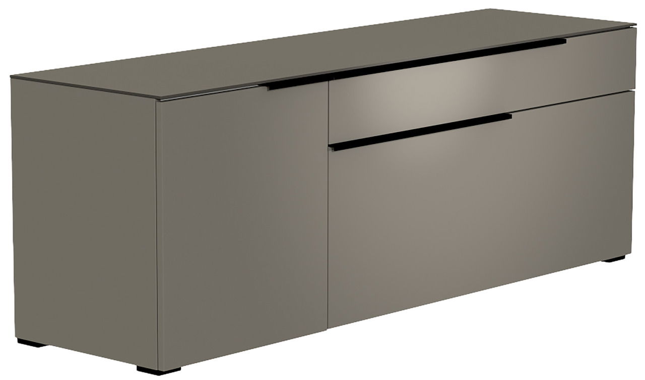 Modernes TV-Lowboard in grauer Farbe, seitliche Perspektive