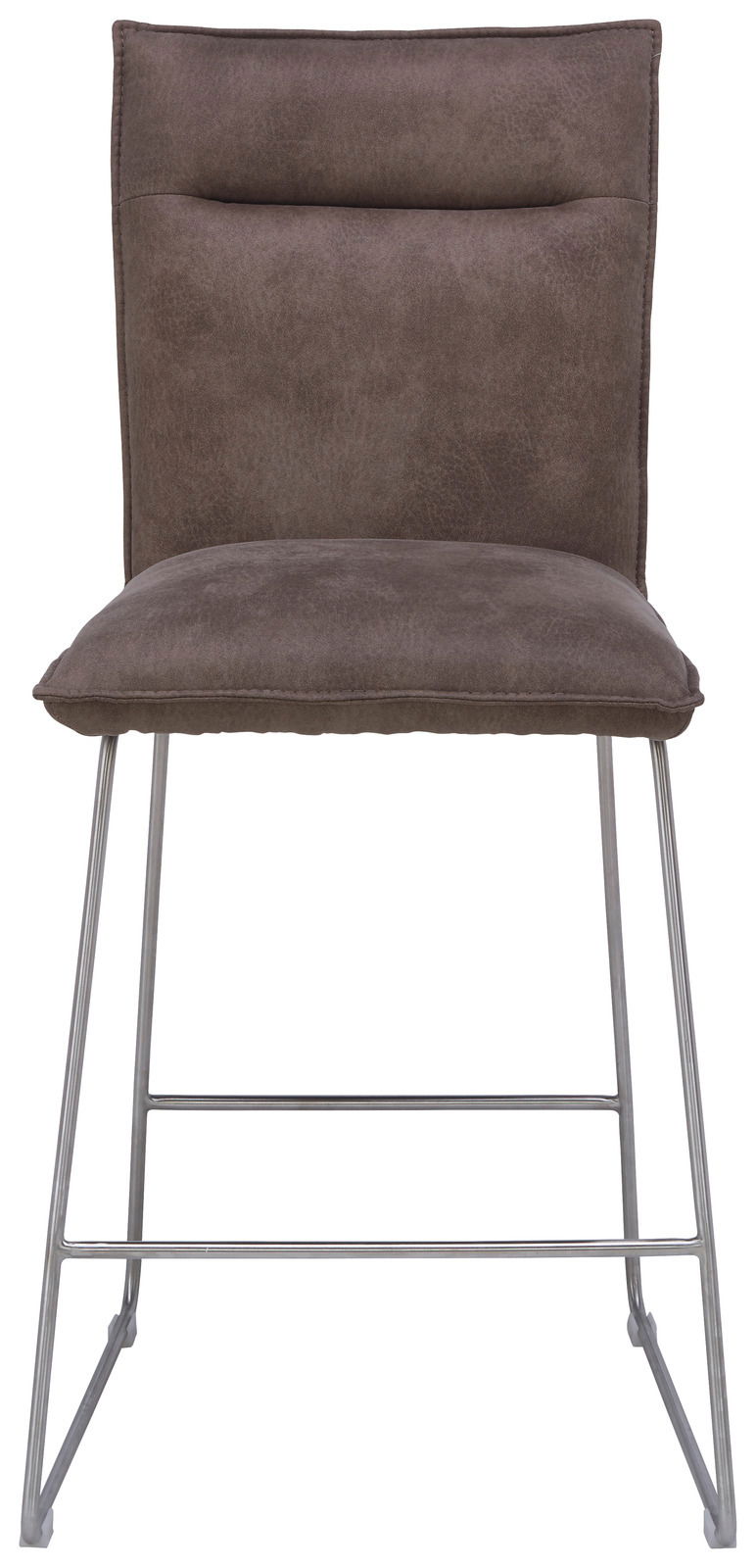 Barstuhl mit braunem Polster und Metallbeinen, Frontalansicht