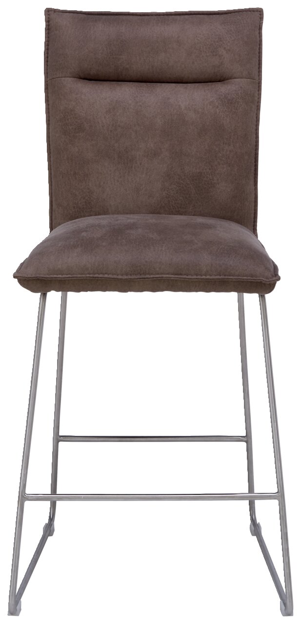 Barstuhl mit braunem Polster und Metallbeinen, Frontalansicht