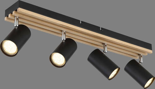 Moderner Deckenstrahler mit vier schwarzen, zylindrischen Leuchten auf einer Holz- und Metallhalterung, seitliche Perspektive