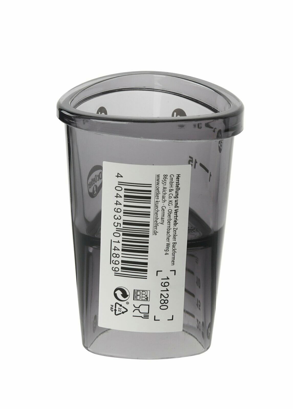 Messbecher 4cl aus Kunststoff, seitliche Ansicht mit Skala und Barcode