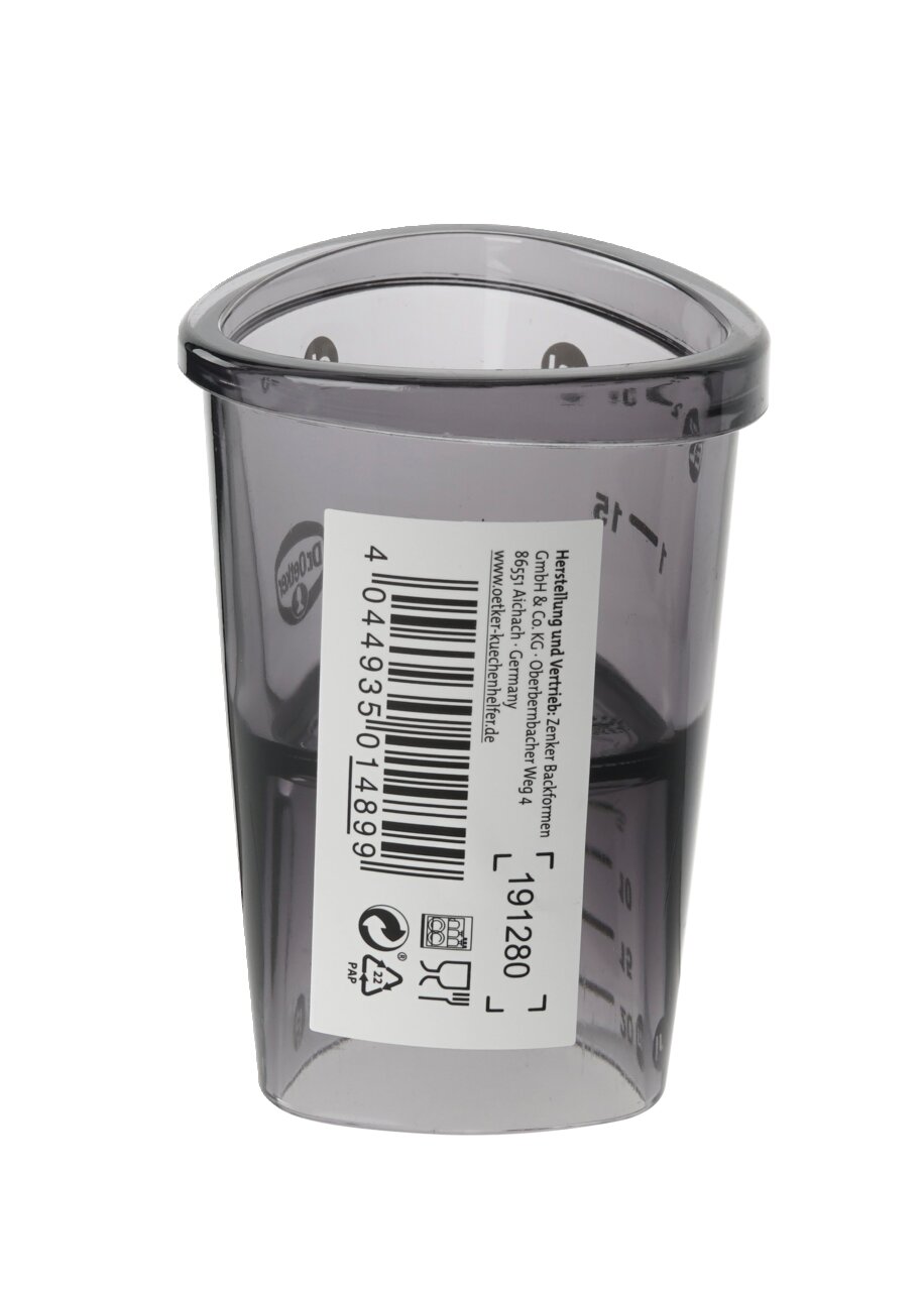 Dr. Oetker Maatbeker 4 cl Kunststof maatbeker van 4 cl, zijaanzicht met schaalverdeling en barcode