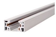 Weiße Stromschiene aus Aluminium, seitliche Perspektive, zeigt das Profil und die Kupferleiter im Inneren.