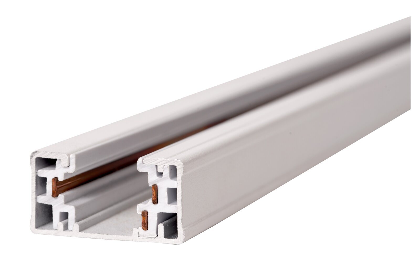 Weiße Stromschiene aus Aluminium, seitliche Perspektive, zeigt das Profil und die Kupferleiter im Inneren.