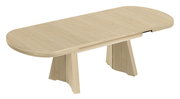 Moderner Couchtisch aus hellem Holz mit abgerundeten Ecken, seitliche Perspektive