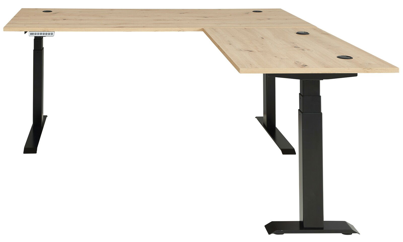 Eckschreibtisch mit Holzoberfläche und schwarzem Gestell, seitliche Perspektive