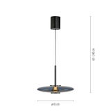 Moderne Pendelleuchte PURE E-Vitrum in Seitenansicht, mit schwarzem Zylindergehäuse und flachem, runden Lampenschirm, Durchmesser 45 cm, höhenverstellbar von 60 bis 240 cm.