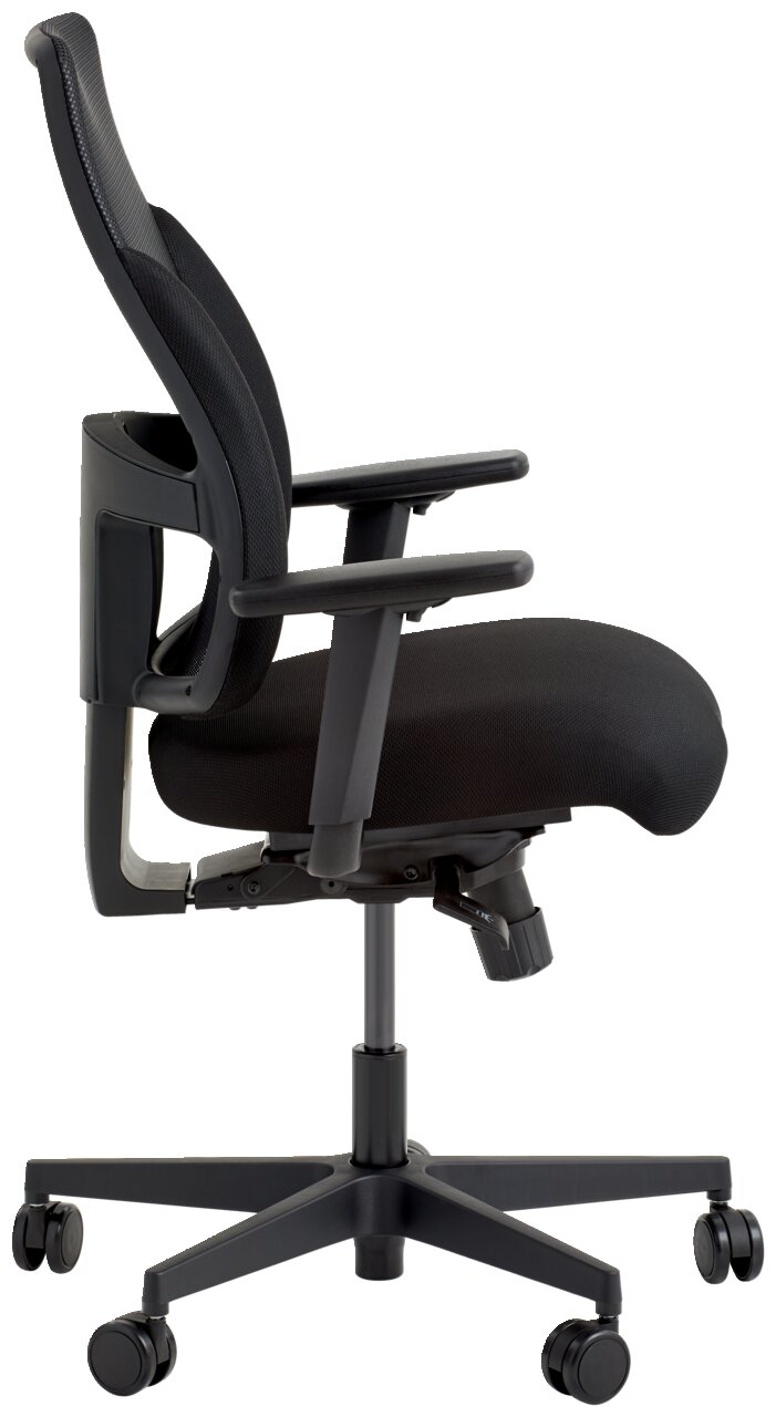 Moderner schwarzer Drehstuhl mit Armlehnen, Seitenansicht