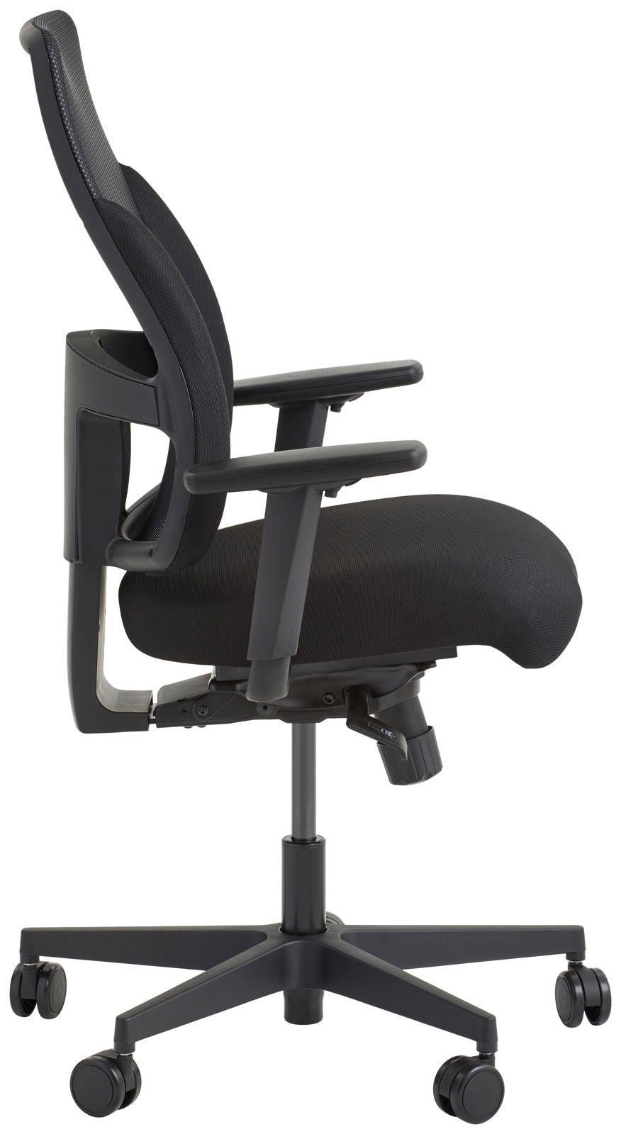 Moderner schwarzer Drehstuhl mit Armlehnen, Seitenansicht