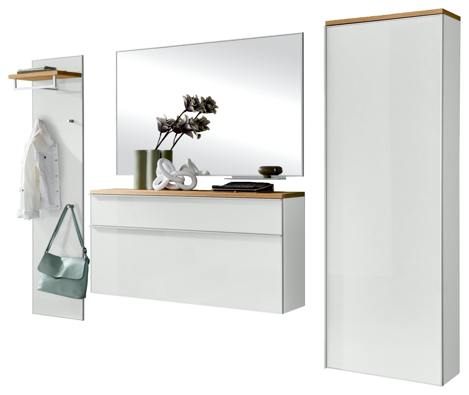 Modernes Garderoben-Set in Weiß mit Holzablagen, bestehend aus Garderobenpaneel mit Haken und Ablage, Wandspiegel, schwebender Kommode und hohem Schrank, freigestellt in frontaler Ansicht.