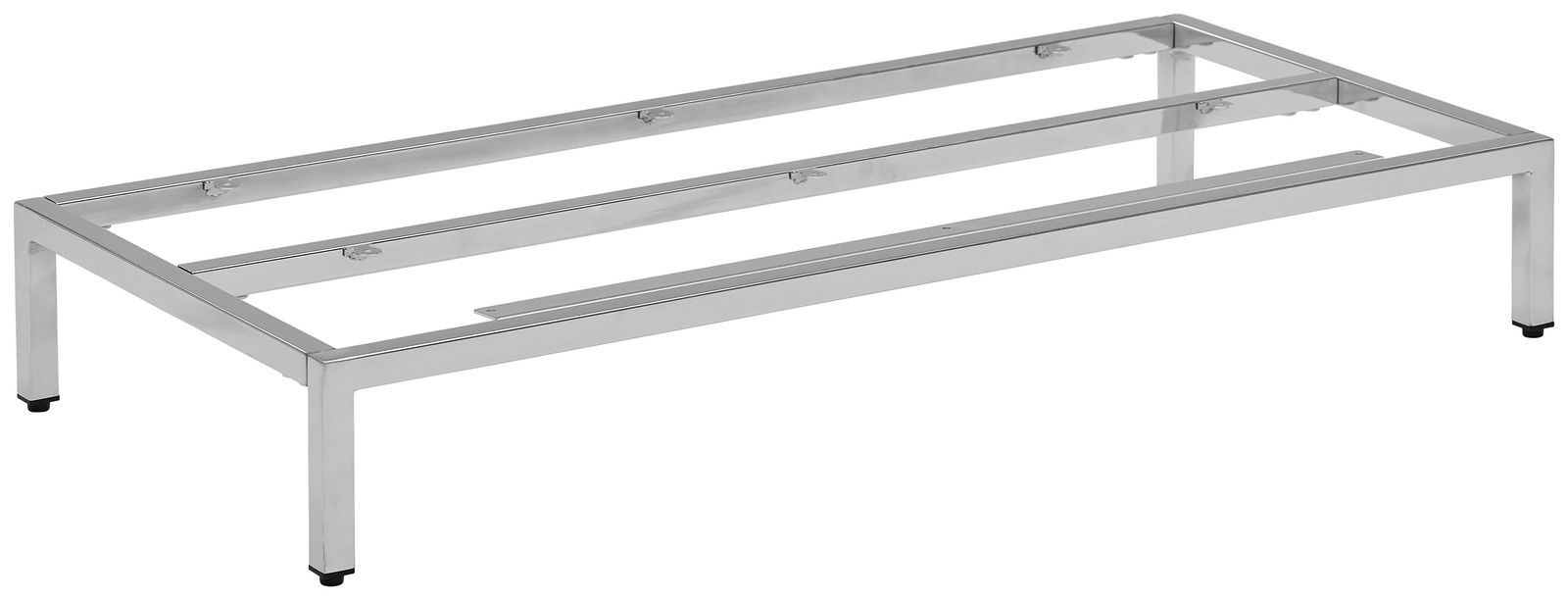 Metalluntergestell in rechteckiger Form, seitliche Perspektive, silberne Farbe, geeignet für Möbelkonstruktionen.