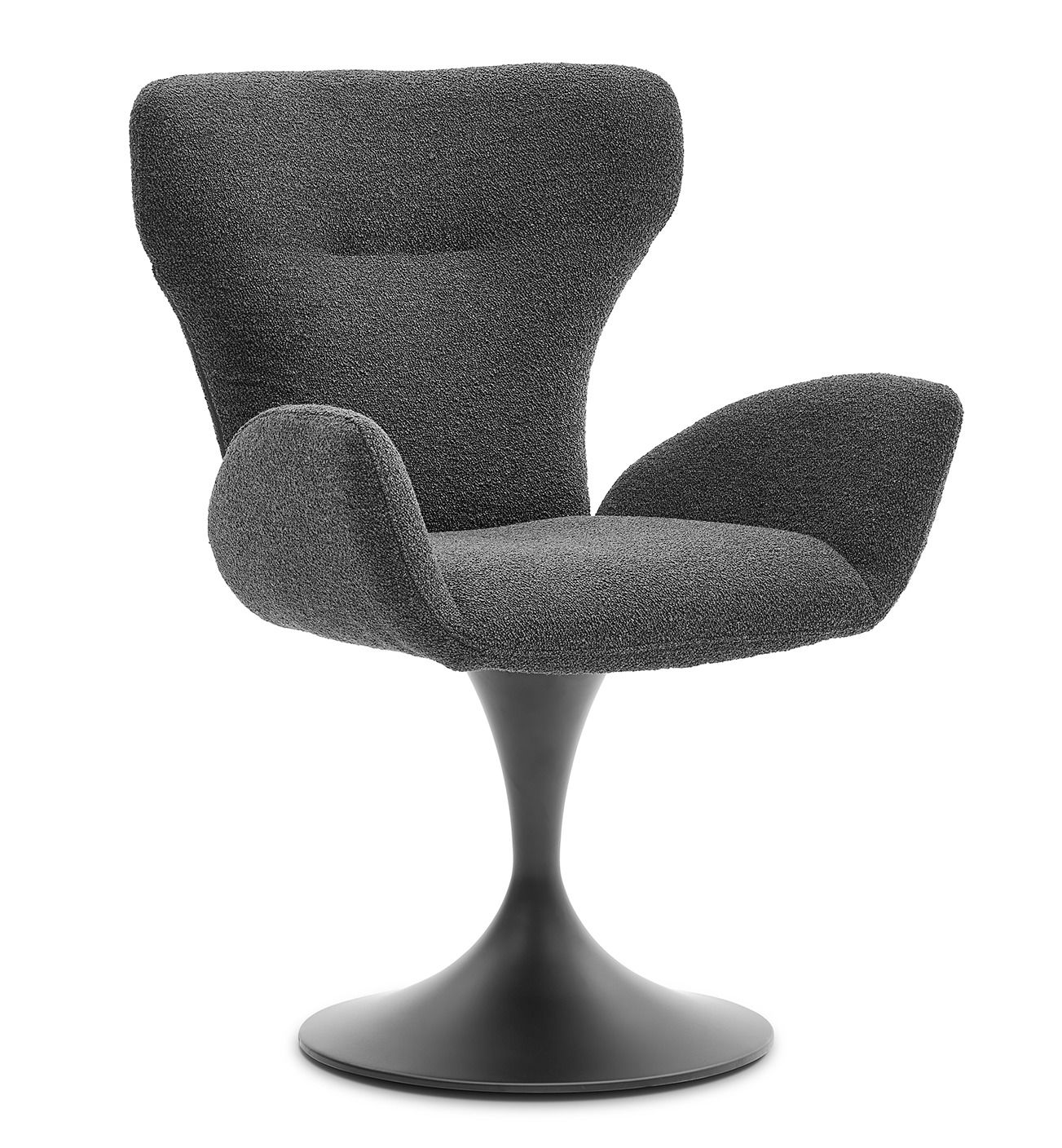 Grauer Armlehnstuhl mit modernem Design und schwarzem Sockel, seitliche Perspektive