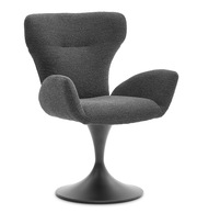 Grauer Armlehnstuhl mit modernem Design und schwarzem Sockel, seitliche Perspektive