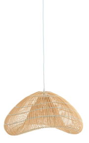 Hängeleuchte aus geflochtenem Rattan in organischer Form, seitliche Perspektive