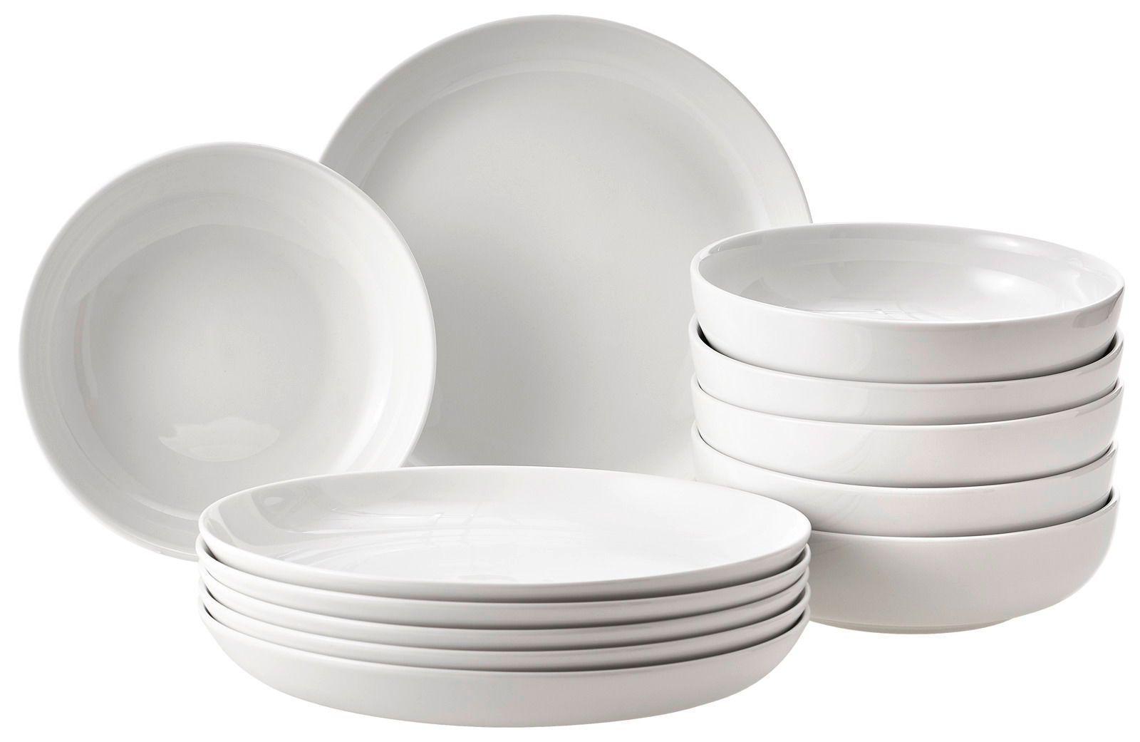 Novel Tafelservice 12-tlg. Weißes 12-teiliges Tafelservice aus Porzellan, bestehend aus flachen und tiefen Tellern, seitliche Perspektive