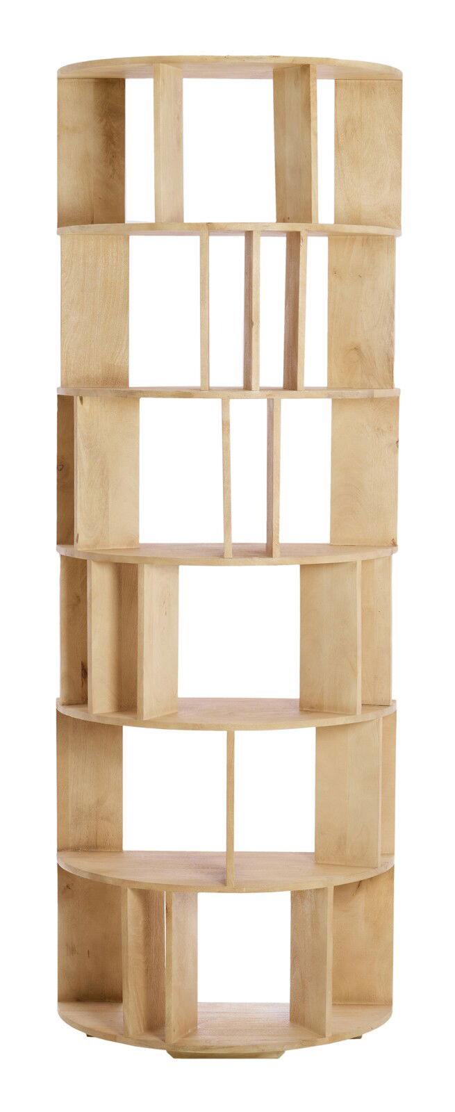 Runder, offener Holzregal mit mehreren Fächern, frontal betrachtet.