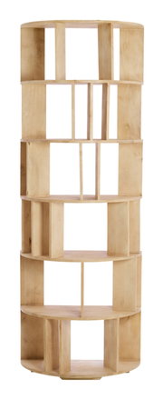 Ronde, open houten plank met meerdere vakken, gezien vanaf de voorkant.