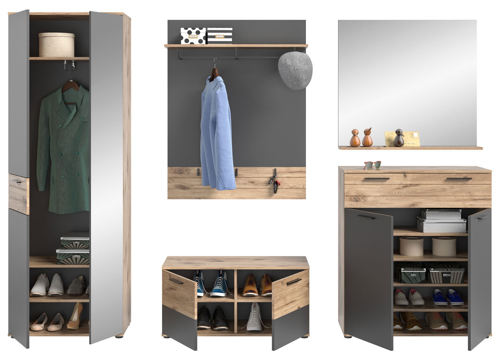 Garderobenkombination in moderner Holz- und Graufarbkombination, bestehend aus einem hohen Schrank mit Spiegel, einer Wandgarderobe mit Haken und Ablage, einem Schuhschrank mit Sitzfläche und einem Spiegel. Frontalansicht.