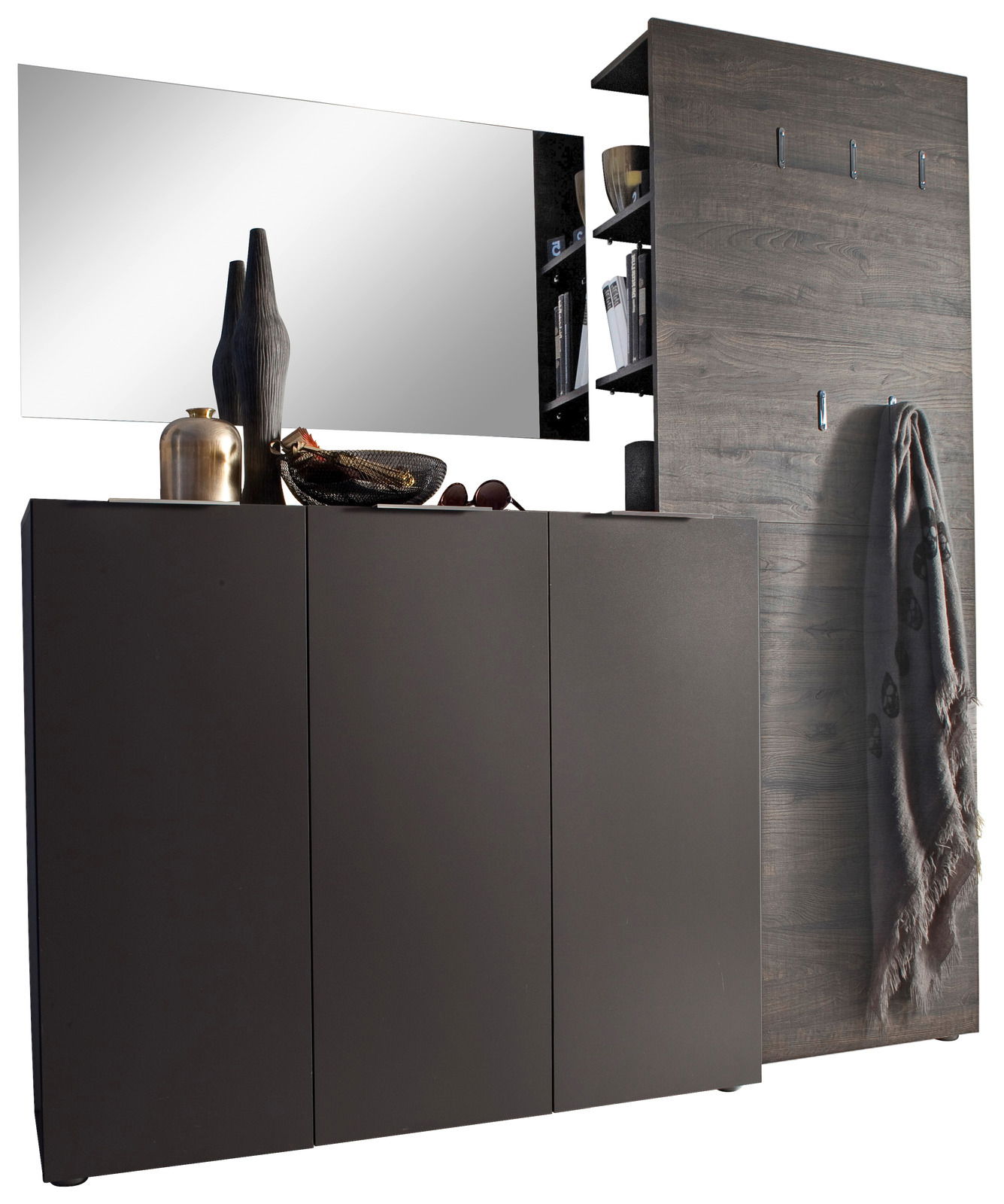 Carryhome Garderobenkombination 3er VICENZA Garderobenkombination 3er VICENZA in dunklem Holz mit Spiegel, Haken und Stauraum, seitliche Perspektive