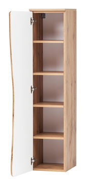 Geöffneter Midischrank aus Holz mit weißer Tür, seitliche Perspektive