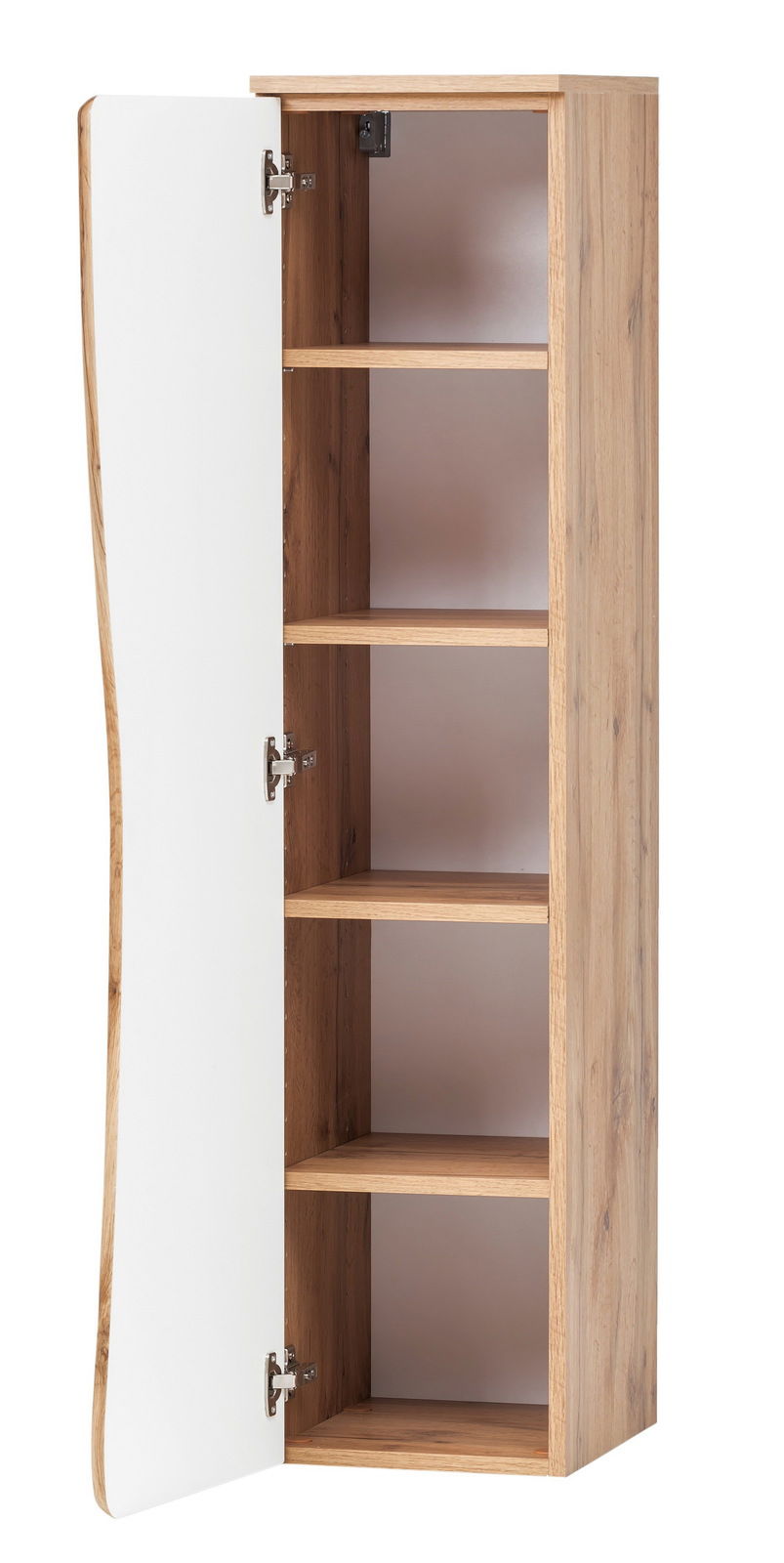 Geöffneter Midischrank aus Holz mit weißer Tür, seitliche Perspektive