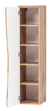 Geöffneter Midischrank aus Holz mit weißer Tür, seitliche Perspektive