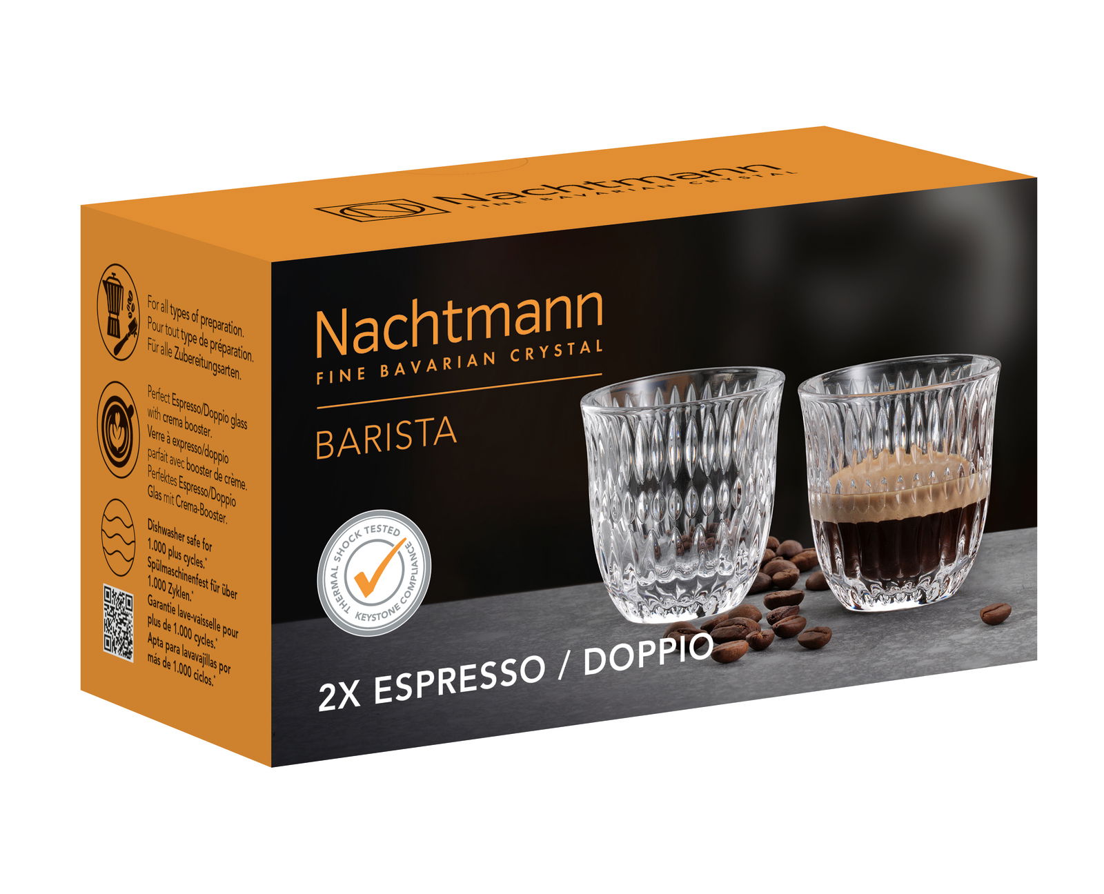Verpackung mit zwei Nachtmann Barista Espresso/Doppio Gläsern aus feinem bayerischen Kristall, perspektivisch von vorne links gezeigt.