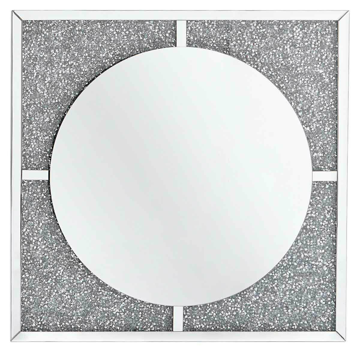 Quadratischer LED-Spiegel mit rundem Spiegel in der Mitte und glitzerndem Rahmen, Frontalansicht