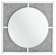 Quadratischer LED-Spiegel mit rundem Spiegel in der Mitte und glitzerndem Rahmen, Frontalansicht