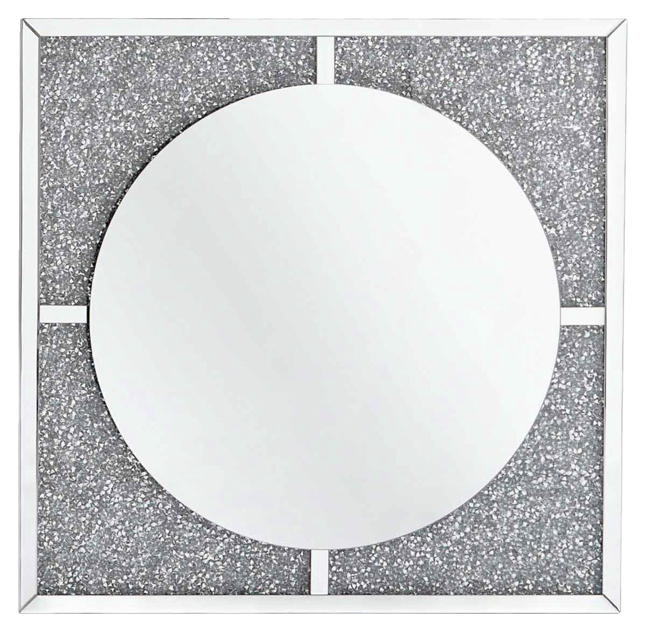 Quadratischer LED-Spiegel mit rundem Spiegel in der Mitte und glitzerndem Rahmen, Frontalansicht