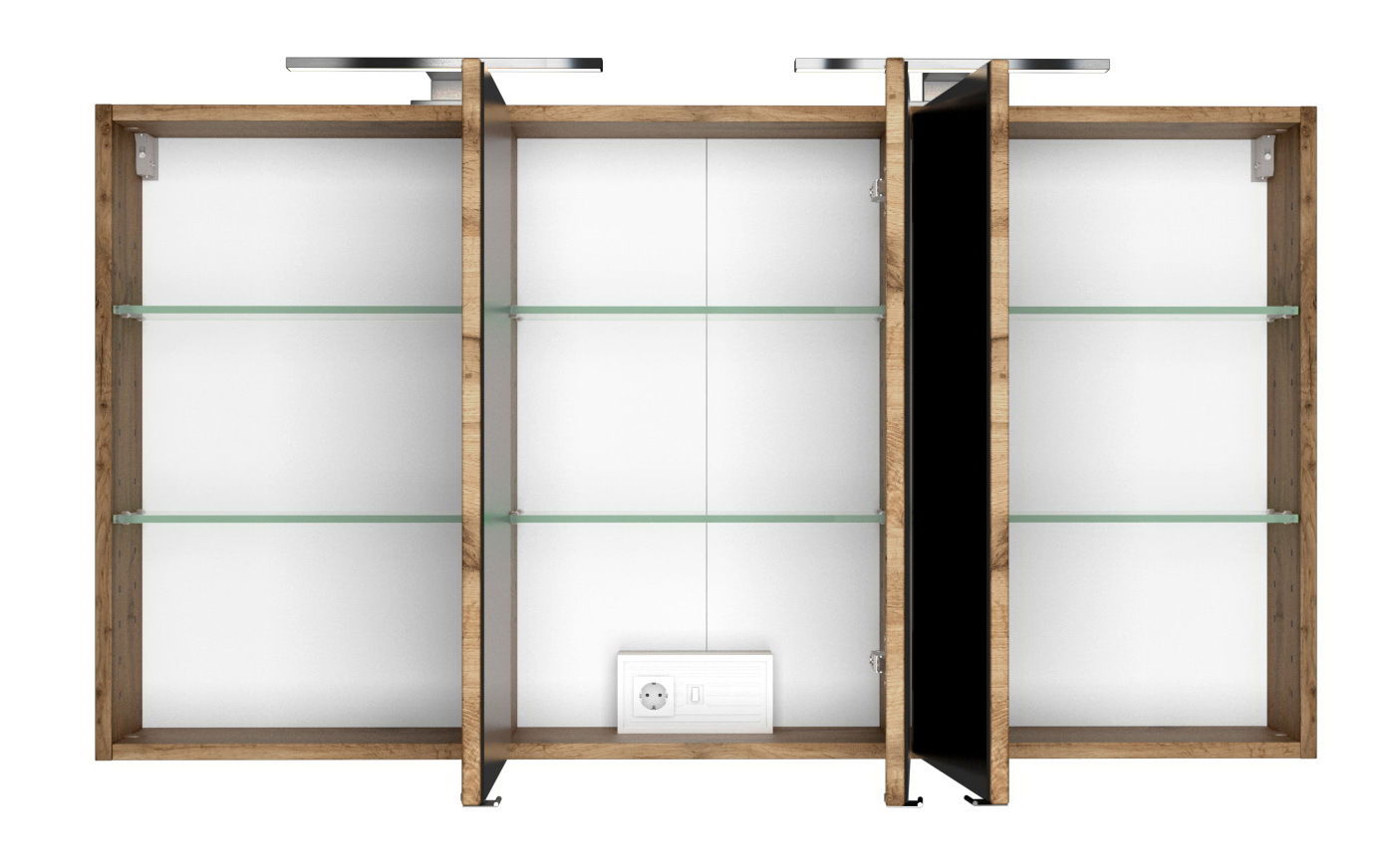 XORA Spiegelschrank LUCCA Offener Spiegelschrank mit drei Fächern, Glasregalen und integrierter Steckdose, Frontalansicht