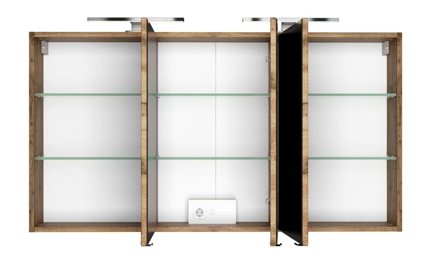 Offener Spiegelschrank mit drei Fächern, Glasregalen und integrierter Steckdose, Frontalansicht
