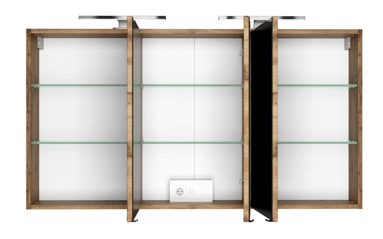 XORA Spiegelschrank LUCCA Offener Spiegelschrank mit drei Fächern, Glasregalen und integrierter Steckdose, Frontalansicht