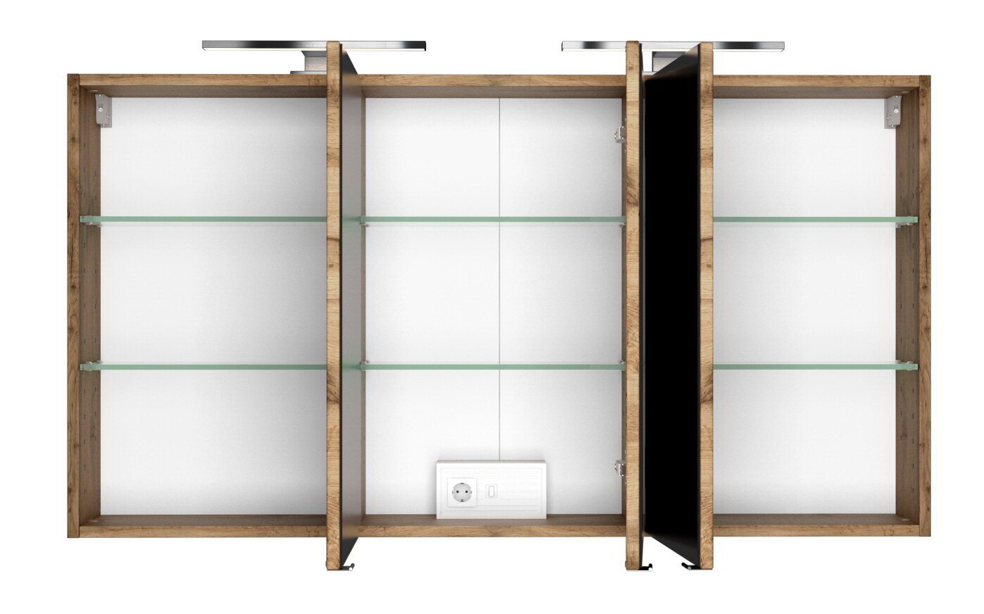 Offener Spiegelschrank mit drei Fächern, Glasregalen und integrierter Steckdose, Frontalansicht