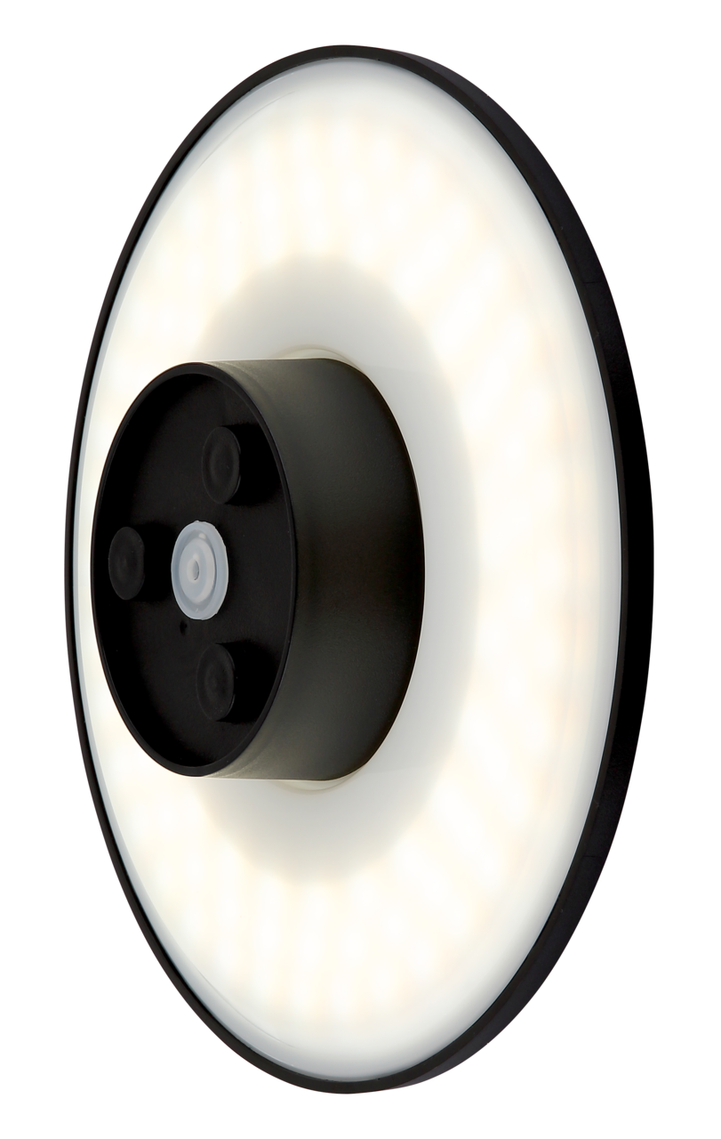 LED-Außenwandleuchte in runder Form, seitliche Perspektive