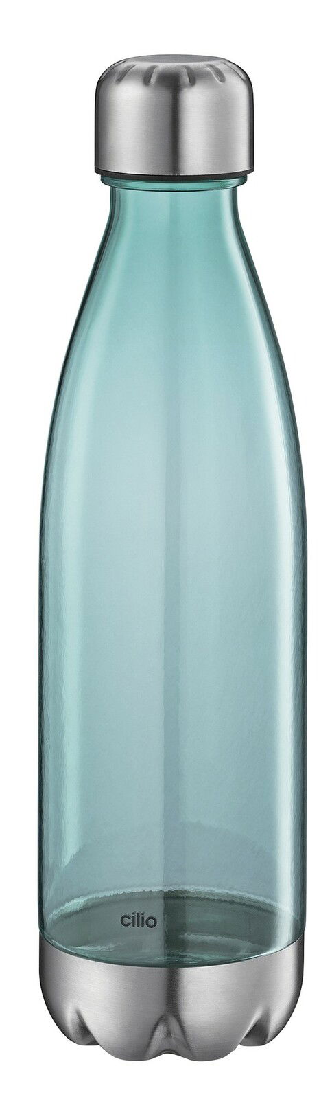 Elegante Trinkflasche aus Glas mit Edelstahlverschluss, seitliche Ansicht