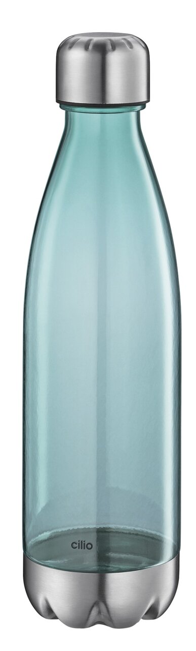 Elegante Trinkflasche aus Glas mit Edelstahlverschluss, seitliche Ansicht