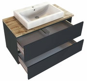 Waschtisch-Set mit weißem Waschbecken und Holzoberfläche, zwei offene Schubladen, Perspektive von schräg oben