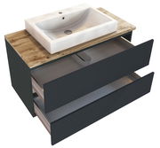 Waschtisch-Set mit weißem Waschbecken und Holzoberfläche, zwei offene Schubladen, Perspektive von schräg oben