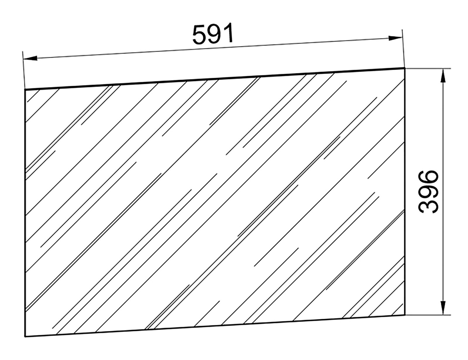 Technische Zeichnung einer rechteckigen Glas-/Spiegelplatte mit Maßangaben 591 mm Breite und 396 mm Höhe, Vorderansicht.