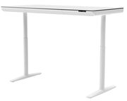 Moderner weißer E-Schreibtisch mit höhenverstellbaren Beinen, seitliche Perspektive