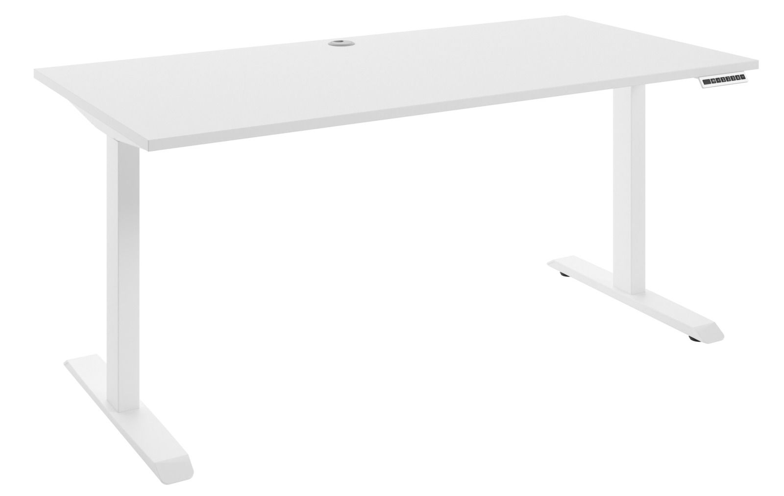 Weißer höhenverstellbarer E-Schreibtisch mit rechteckiger Tischplatte und zwei stabilen T-Füßen, seitliche Perspektive