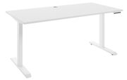 Weißer höhenverstellbarer E-Schreibtisch mit rechteckiger Tischplatte und zwei stabilen T-Füßen, seitliche Perspektive